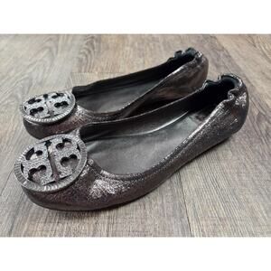 Tory Burch Black Metallic Silver Metal Reva Flat Size 7.5 Shoes Round Toe